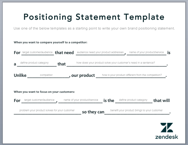 Positioning statement template showing the fill-in-the-blank format for defining your SaaS market position